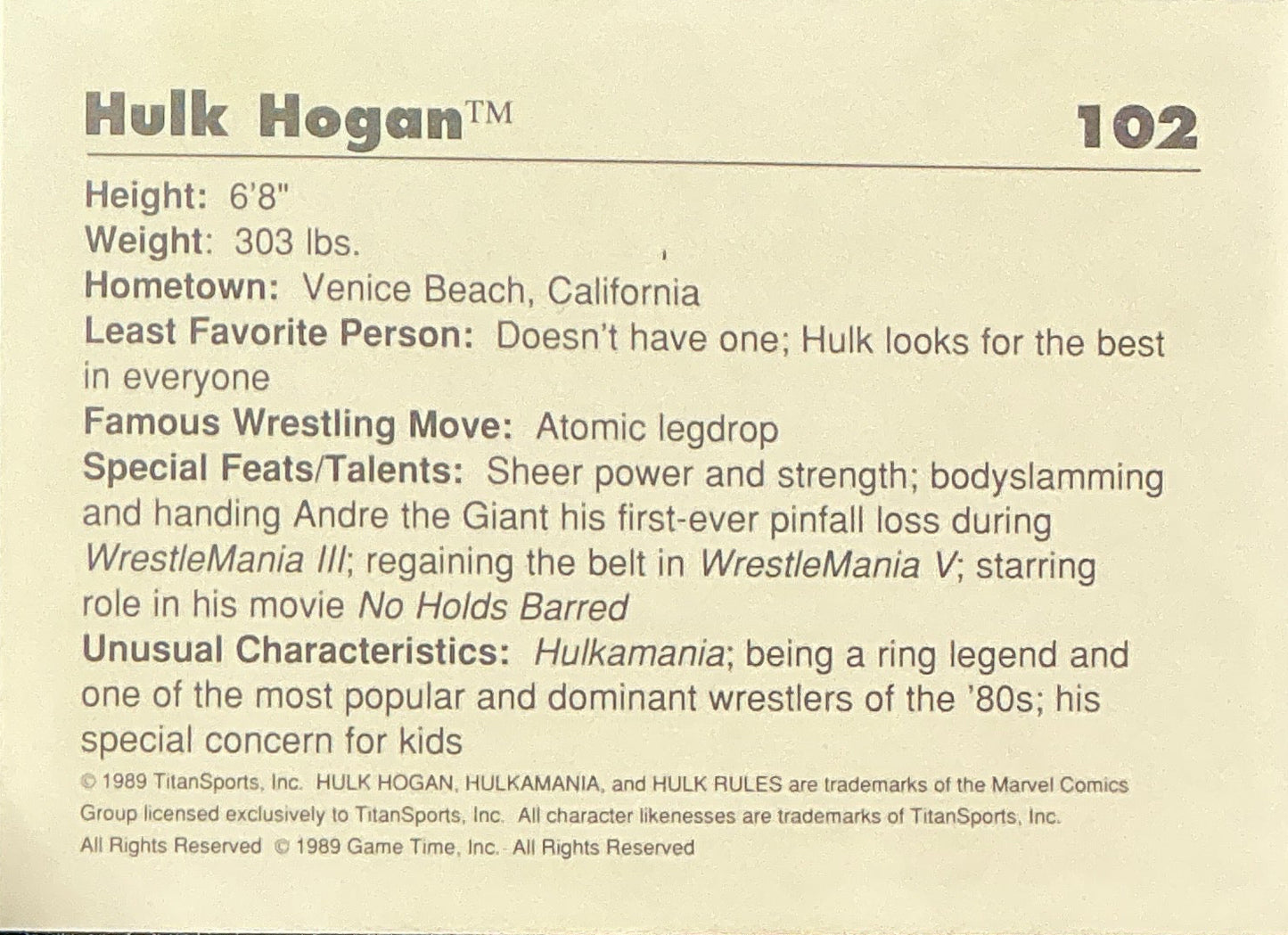 Classic WWF Hulk Hogan #102 Trading Card