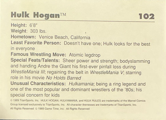 Classic WWF Hulk Hogan #102 Trading Card
