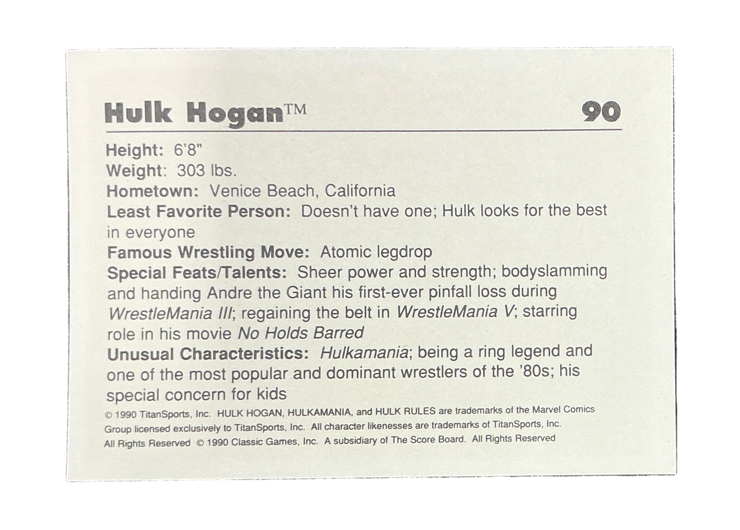 Classic WWF Hulkamania #90 Trading Card
