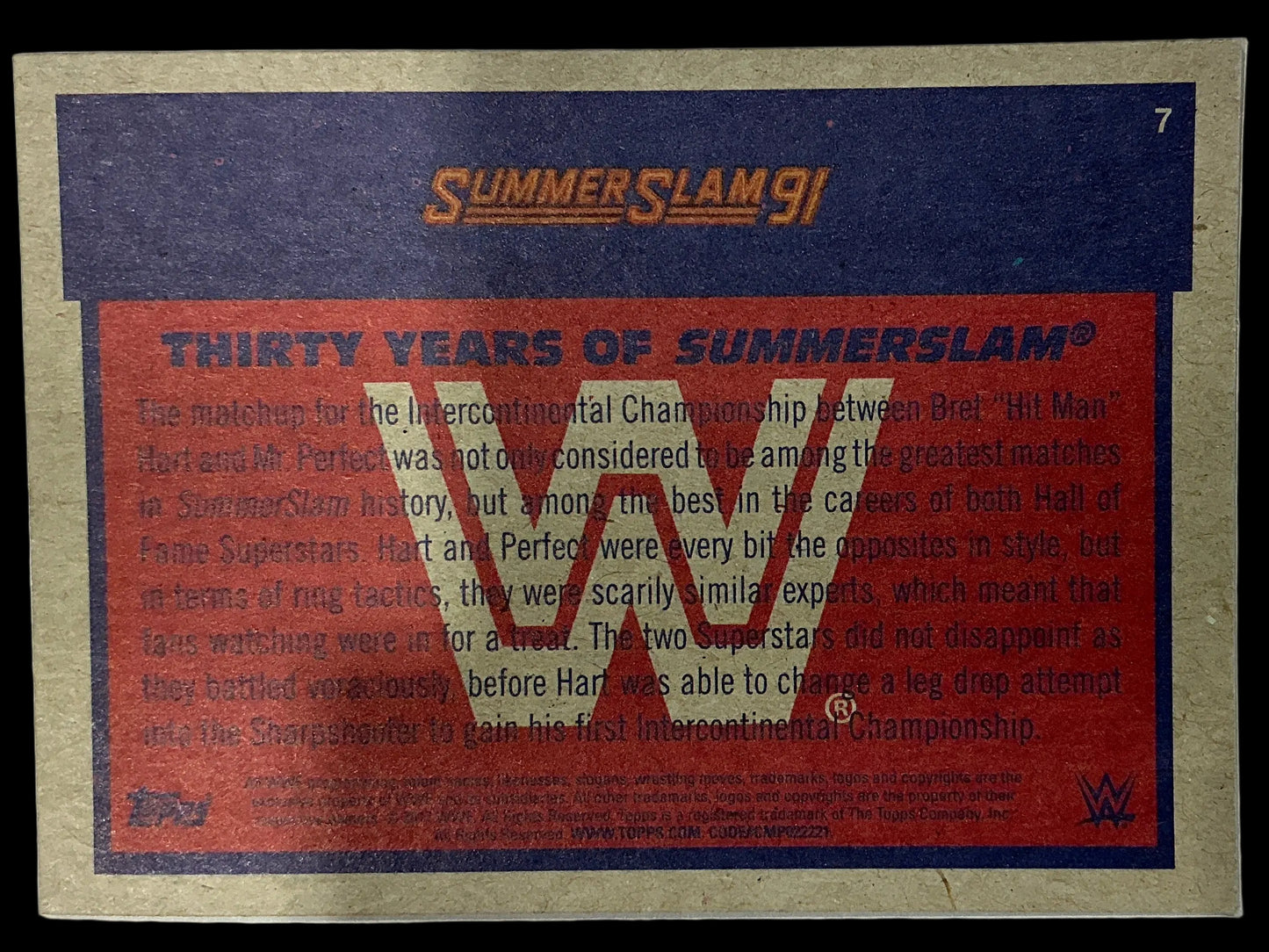 Topps Summerslam 91 Bret “Hit Man” Hart Defeats Mr. Perfect #7 Trading Card