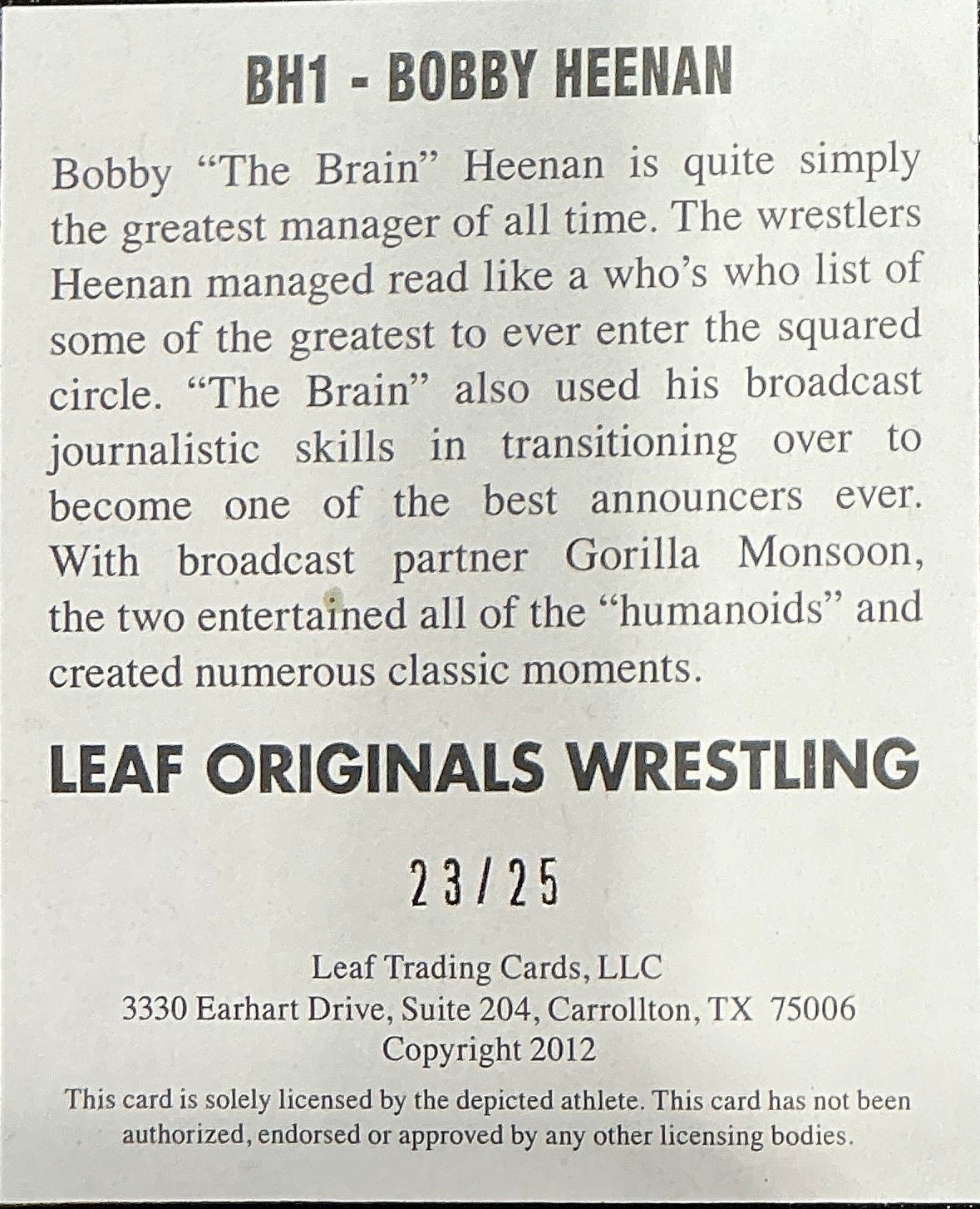Leaf Originals Bobby Heenan Signed 23/25 Trading Card