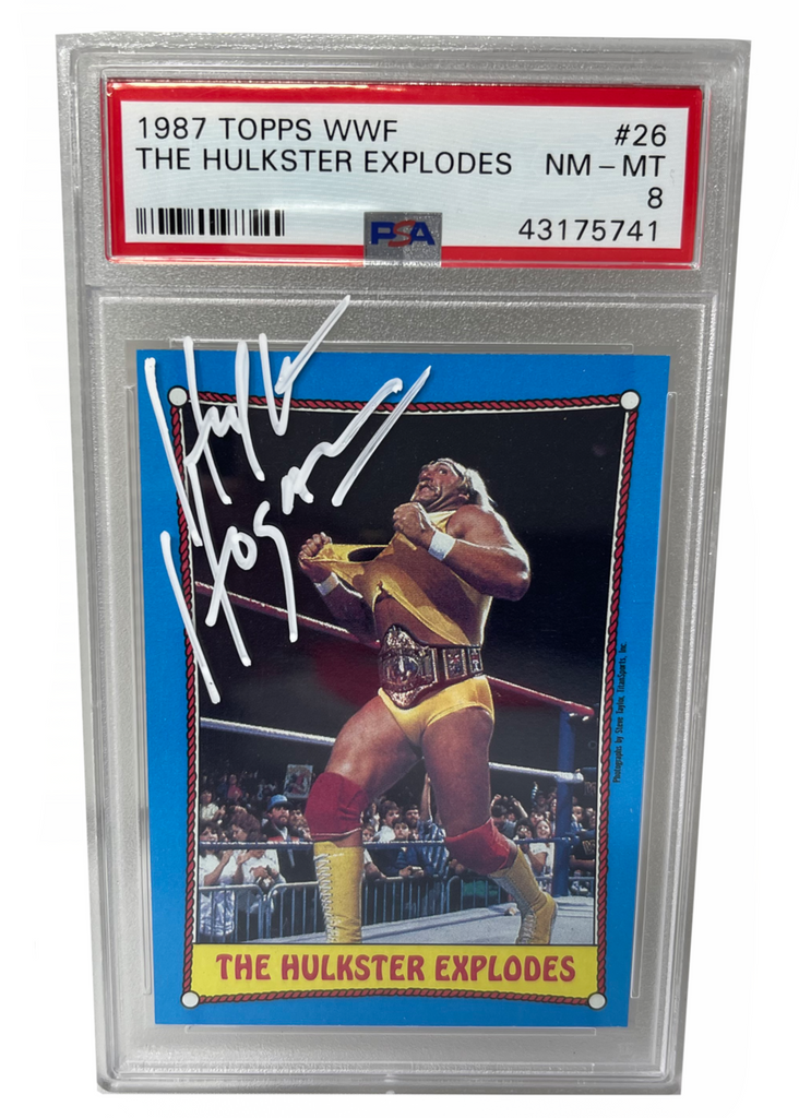 Signed Hulk Hogan The Hulkster Explodes 1987 Topps WWF Wrestling Card #26 Graded PSA 8