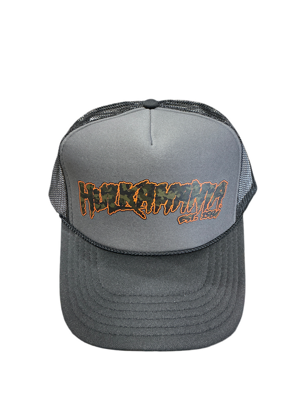 Black/Gray Hulkamania Green Camo/Orange Letters Trucker Hat