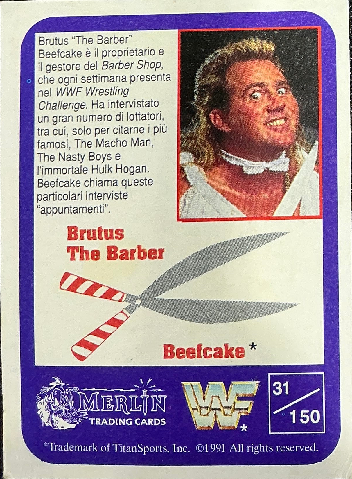 Consignment SR - Brutus The Barber Beefcake Signed WWF Merlin Trading Card 31/150