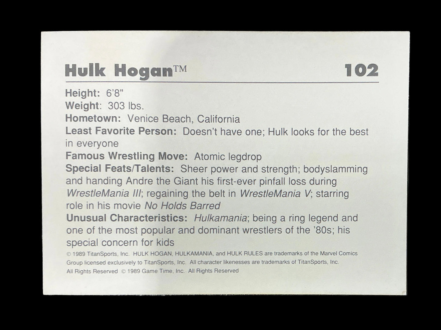 Classic WWF Hulk Hogan #102 Trading Card