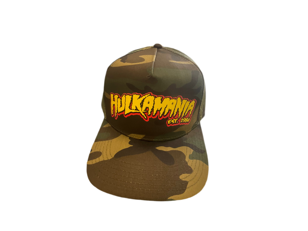 Green Camo Hulkamania Yellow/Red Letters Trucker Hat