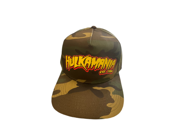 Green Camo Hulkamania Yellow/Red Letters Trucker Hat
