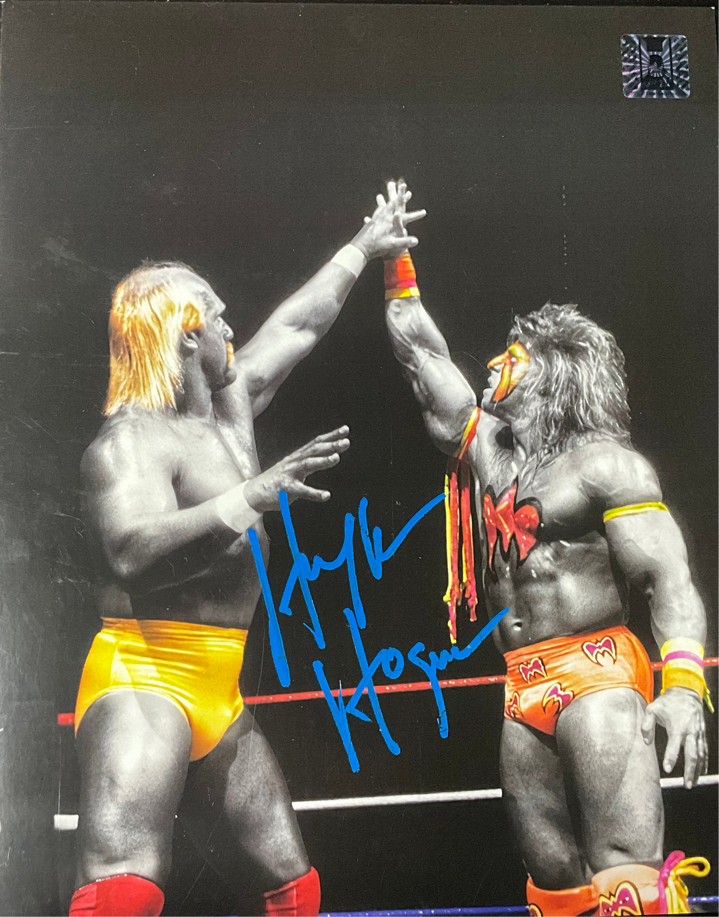 Hulk Hogan Ultimate Warrior Arms Up Hands Locked Signed 8x10