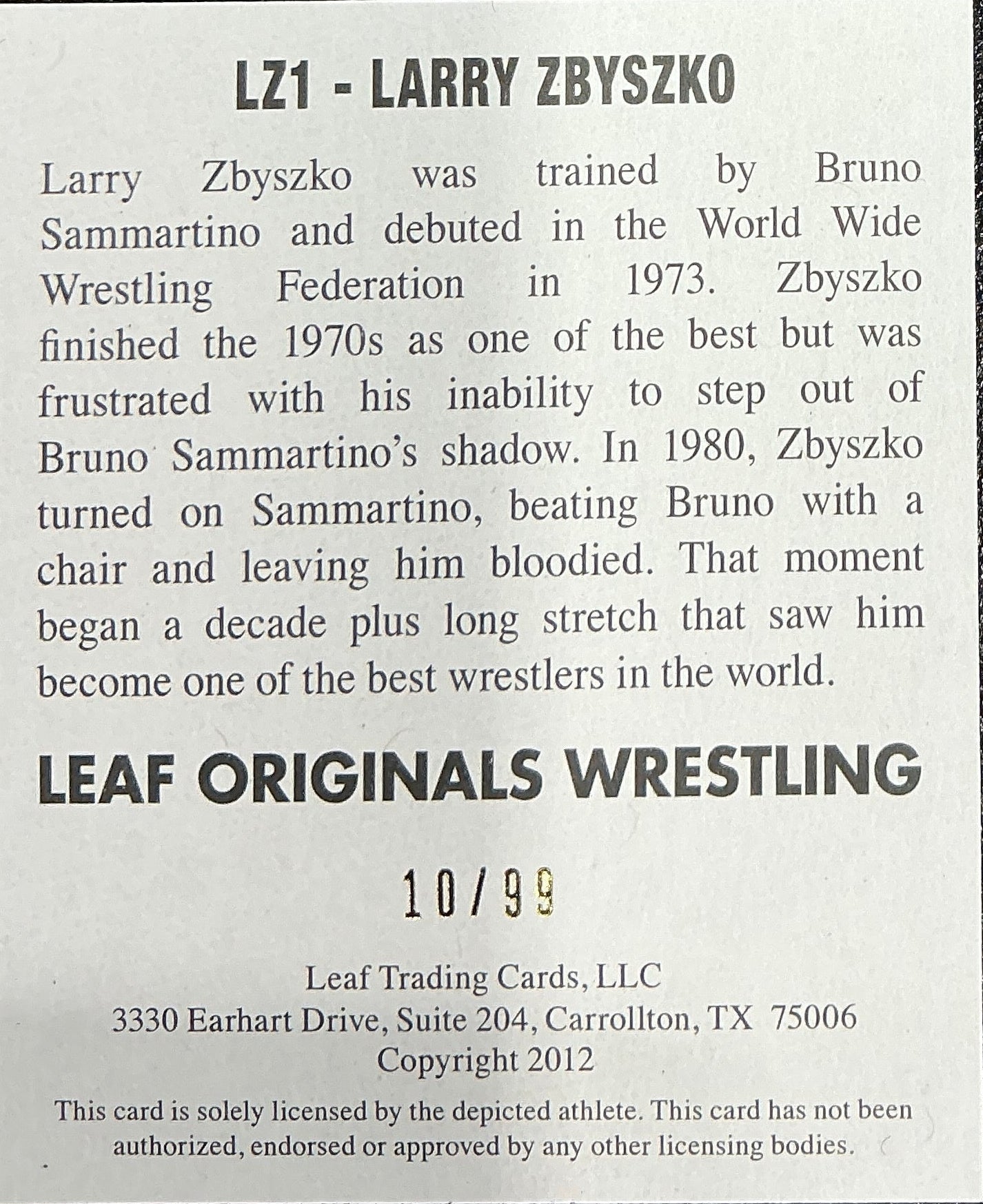 Leaf Originals Larry Zbyszko Signed 10/99 Trading Card