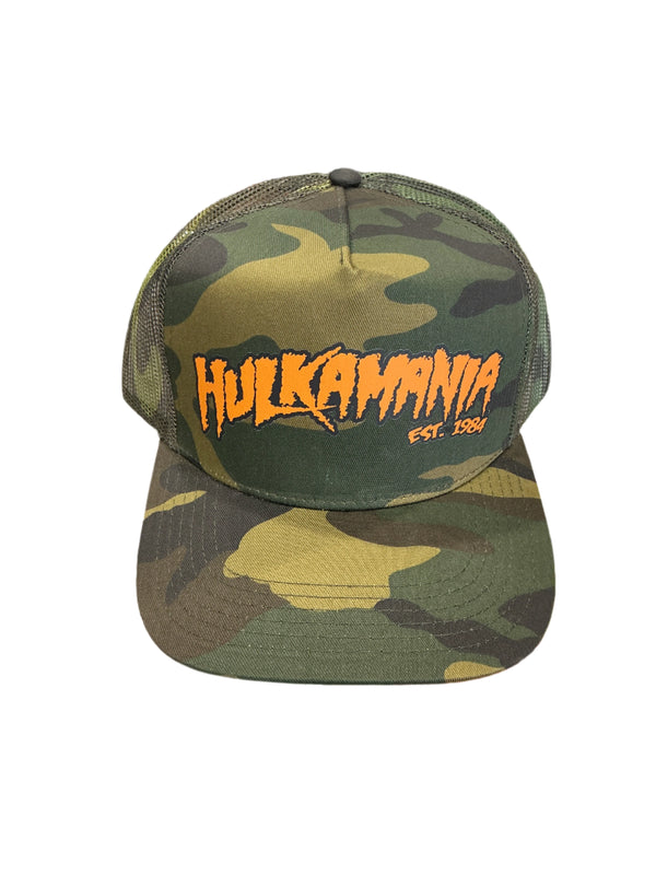 Green Camo Hulkamania Yellow/Black Letters Trucker Hat