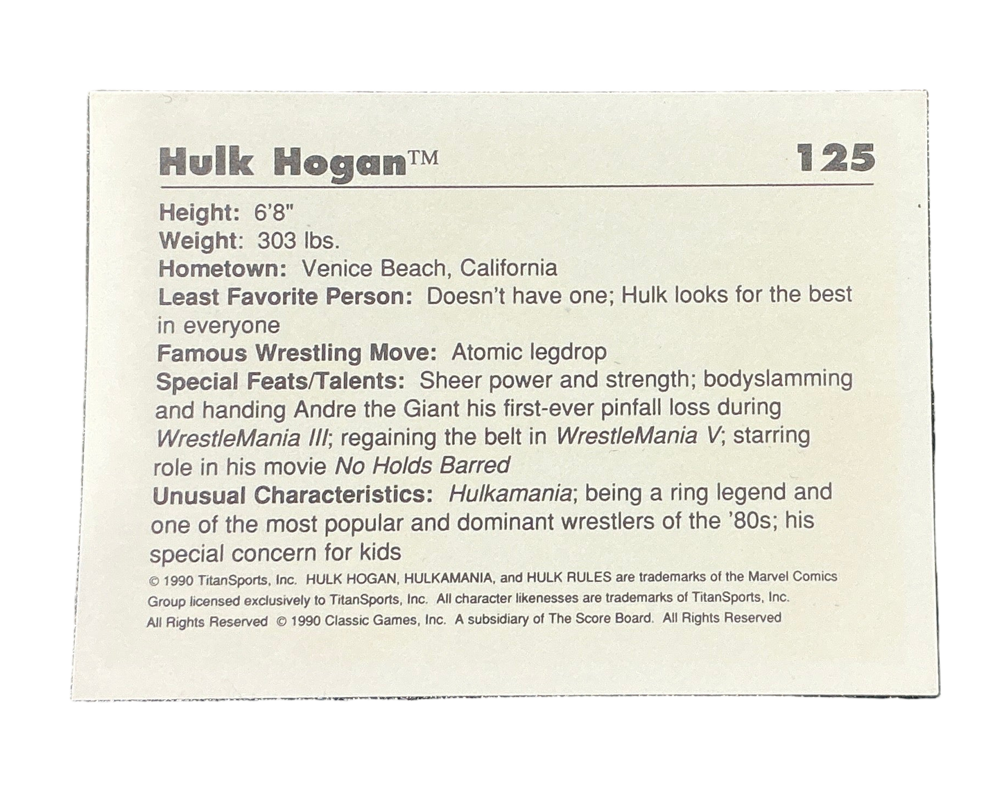 Classic WWF Hulkster #125 Trading Card