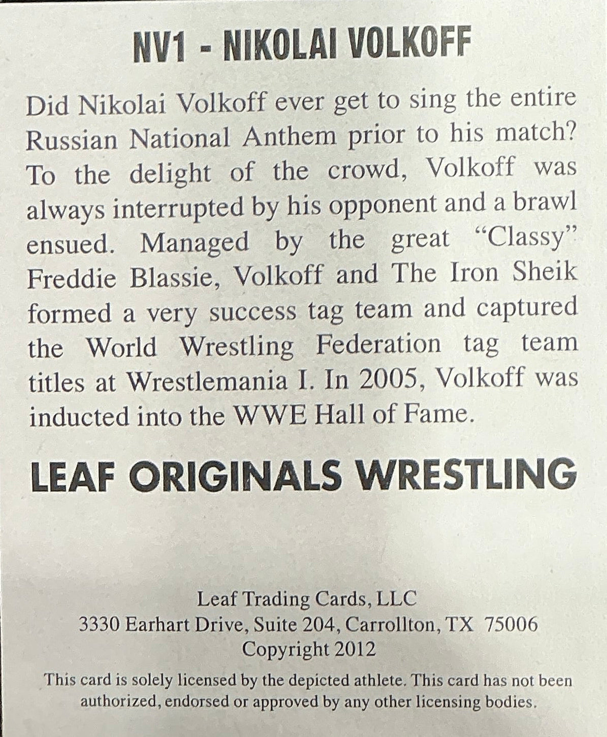 Leaf Originals Nikolai Volkoff Signed Trading Card
