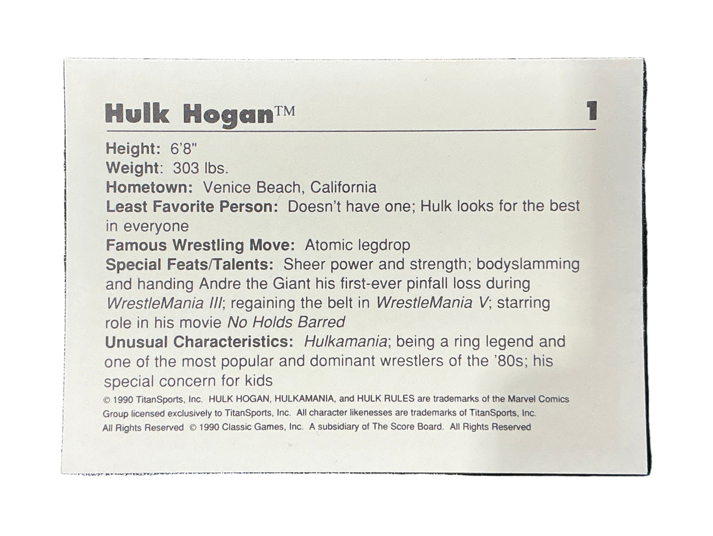 Classic WWF Hulk Hogan #1 Trading Card