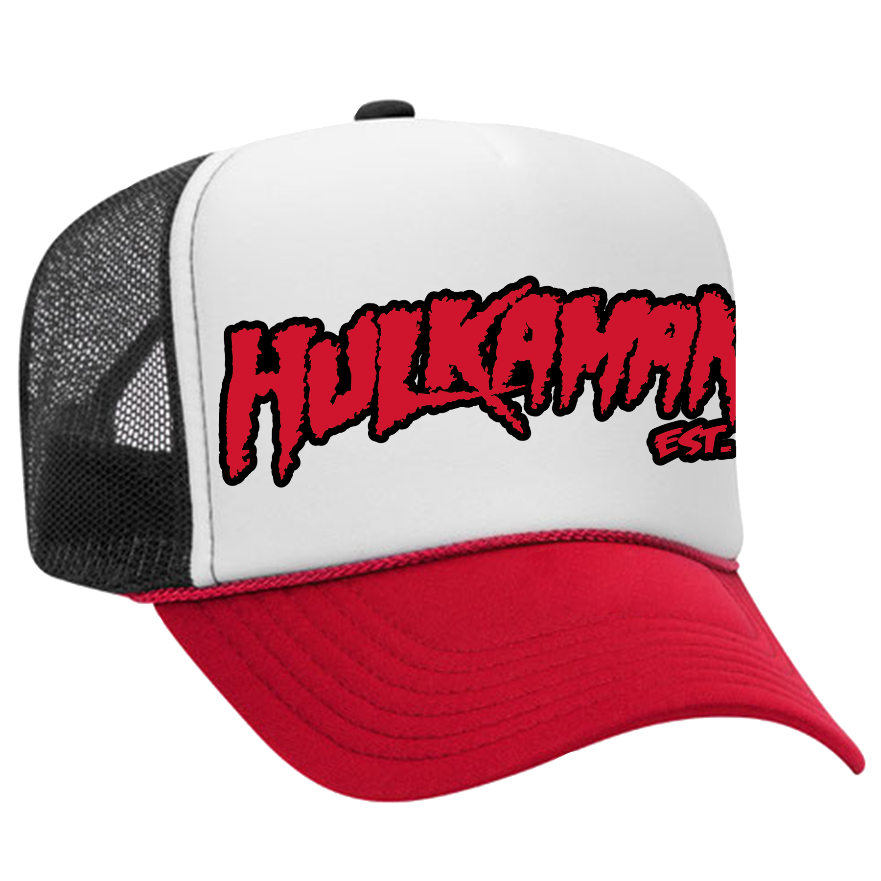 Red/White/Black Hulkamania Red/Black Letters Trucker Hat – Hogan's ...