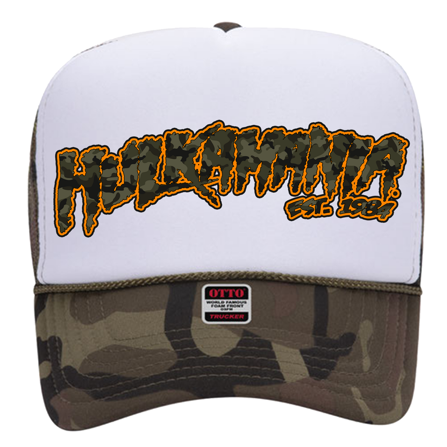 Green Camo/White Hulkamania Camo/Orange Letters Trucker Hat