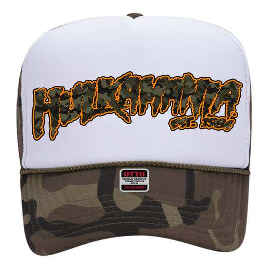 Green Camo/White Hulkamania Camo/Orange Letters Trucker Hat