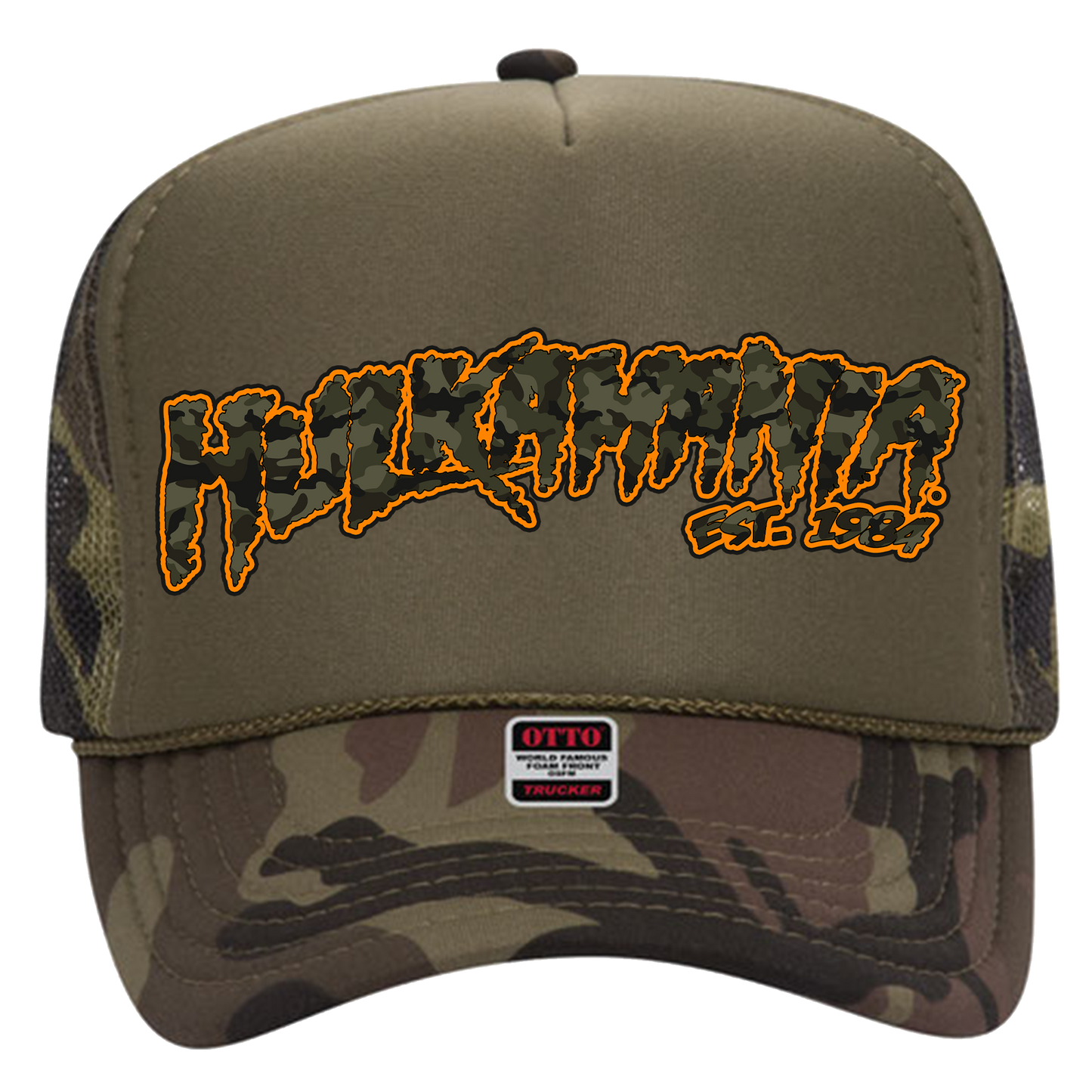 Green Camo/Green Hulkamania Green Camo/Orange Letters Trucker Hat