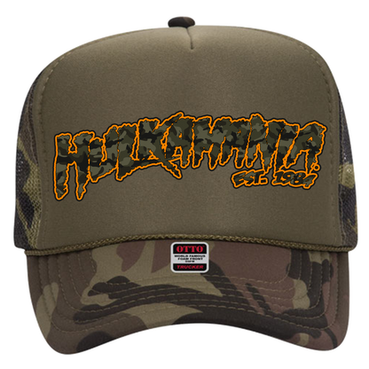 Green Camo/Green Hulkamania Green Camo/Orange Letters Trucker Hat