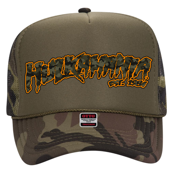 Green Camo/Green Hulkamania Green Camo/Orange Letters Trucker Hat