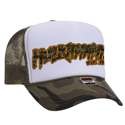 Green Camo/White Hulkamania Camo/Orange Letters Trucker Hat