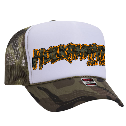 Green Camo/White Hulkamania Camo/Orange Letters Trucker Hat