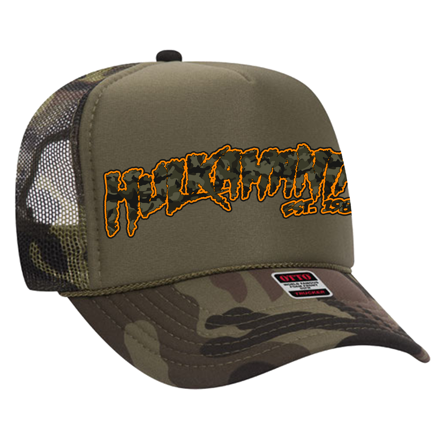 Green Camo/Green Hulkamania Green Camo/Orange Letters Trucker Hat