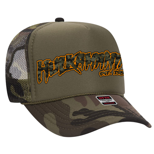 Green Camo/Green Hulkamania Green Camo/Orange Letters Trucker Hat