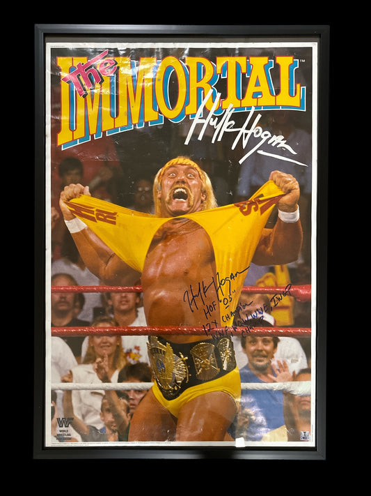 The Immortal Hulk Hogan Original WWF Signed 23x35 Poster (Slight Hurricane Damage) does not come with frame